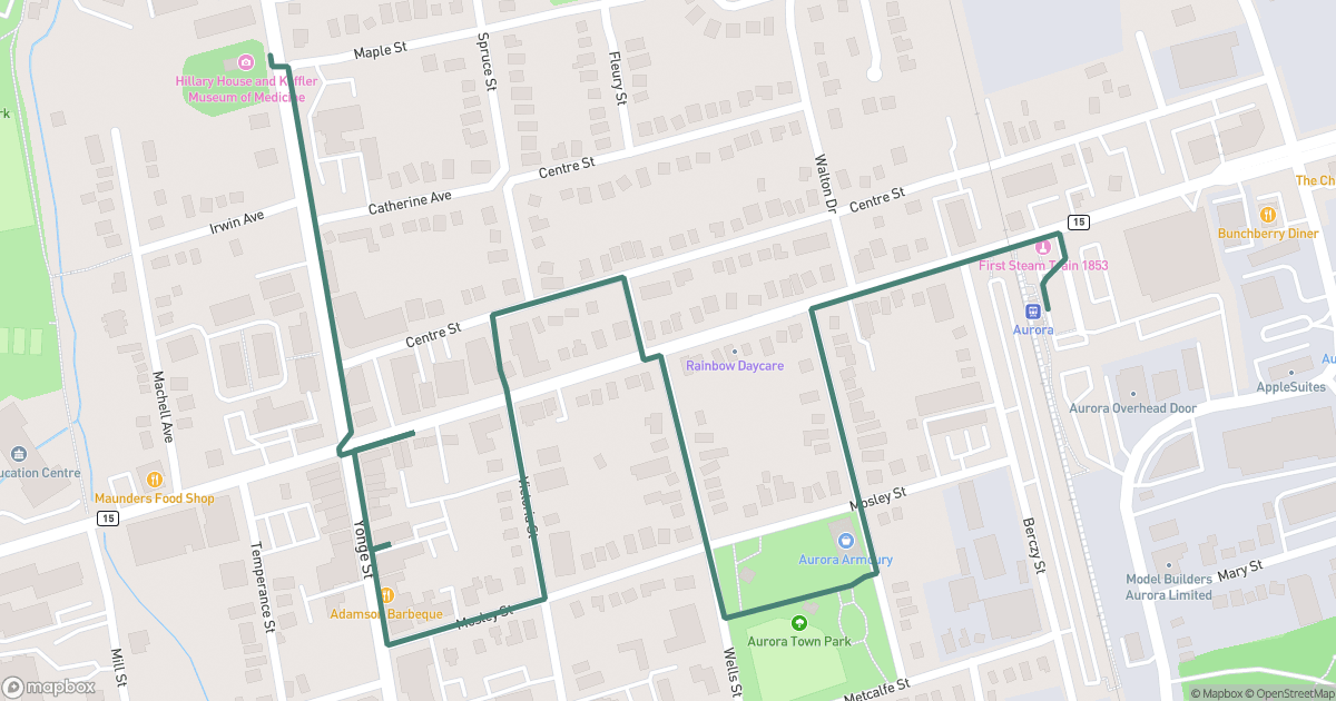 Route map of Historic Downtown Aurora